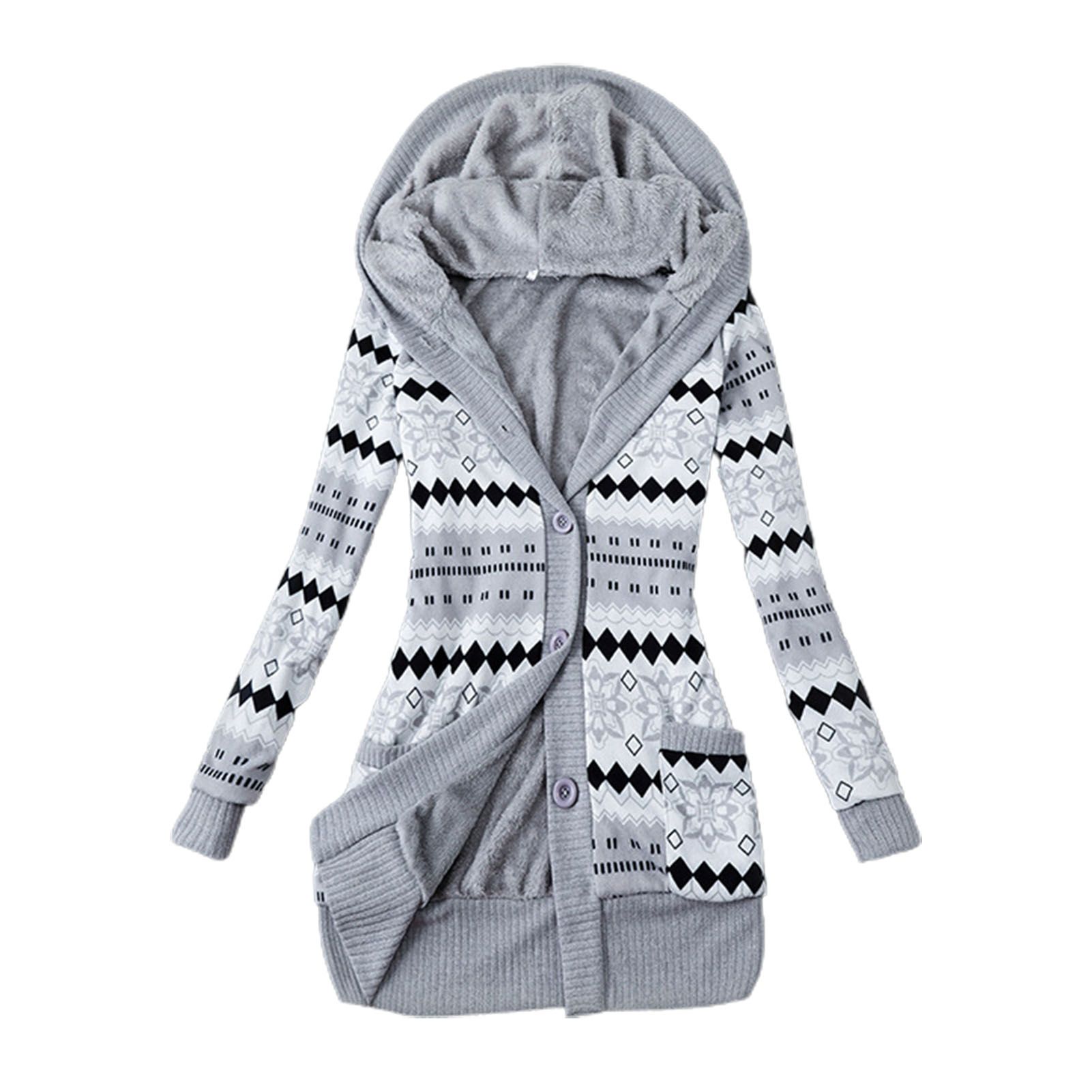 Women Cardigan Hooded Buttons Closure Hooded Plush Lining Sweater Cardigan