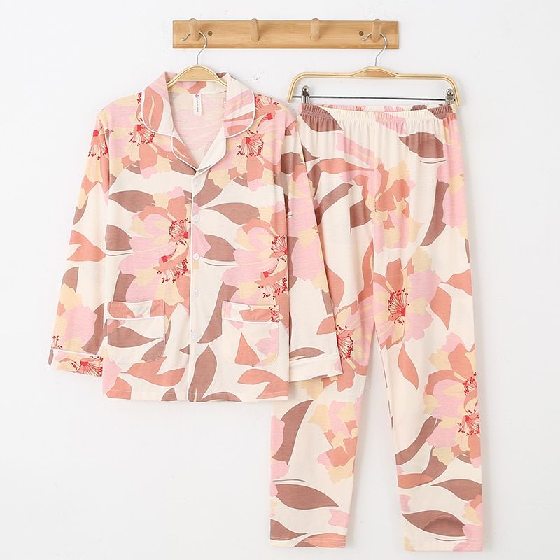 Autumn Winter Sleepwear 2 Piece Sets For Women's Cotton Pajamas Turn-down Collar Homewear Large Size Pijama Pyjama XXXL