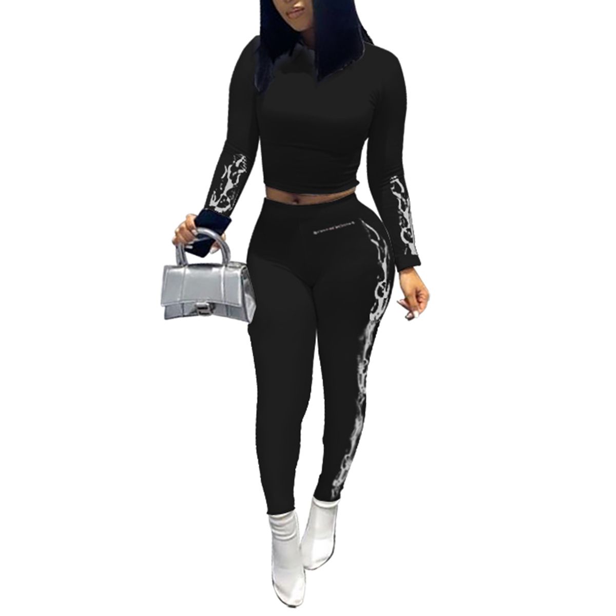 Women Sexyy Clothes Outfit, Long Sleeve Round Collar Short Top + Long Pants, Black/ White/ Grey/ Blue/ Green/ Red/ Dark Red/ Orange /Pink