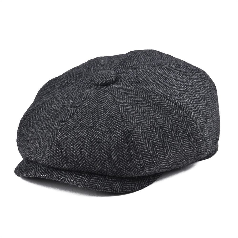 BOTVELA Wool Tweed Newsboy Herringbone Men Women Classic Hat with Soft Lining Driver Cap Black Brown Green 005