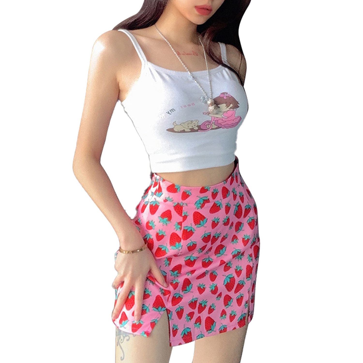 Women Fashion Cherry Printed Skirt Summer Pink High-waist Elastic Split A-line Midi Skirt