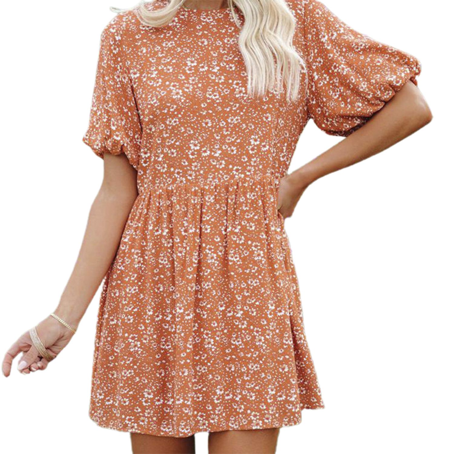 ni Dress Crew Neck Puff Sleeve Floral Print Women Dress