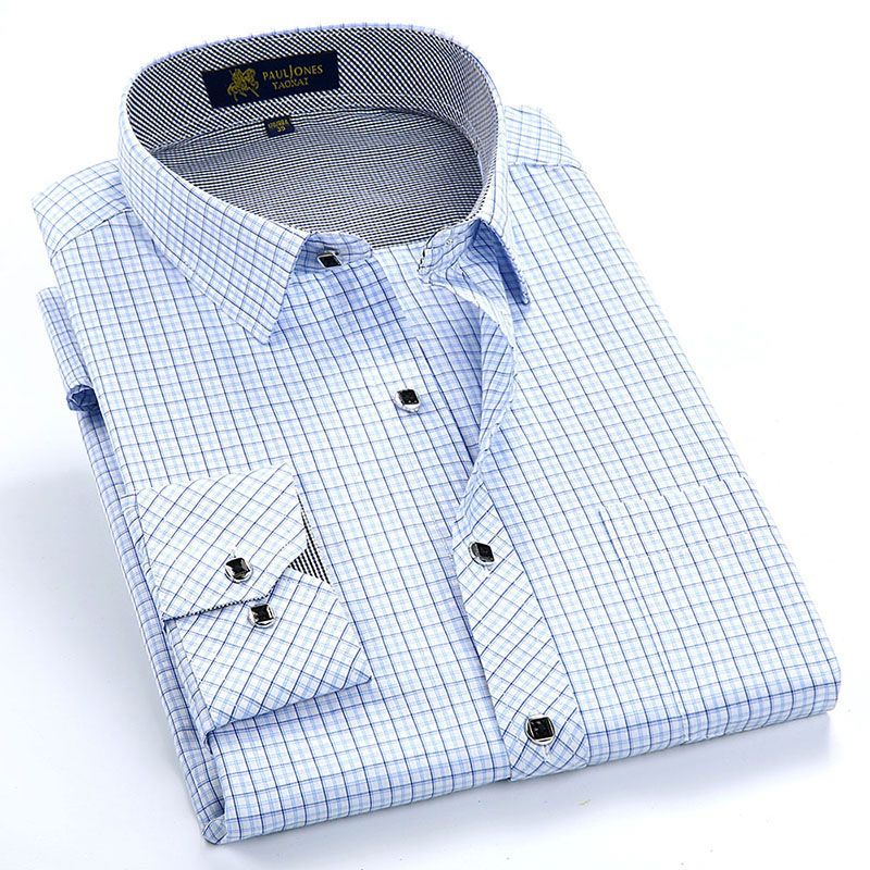 Men's Business Long Sleeve Blue Plaid Dress Shirt Soft Non-iron Fashion Regular Fit Turn-down Collar Checked Smart Casual Shirt