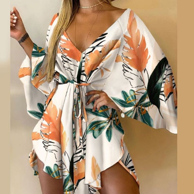 V-Neck Women Mini Dress Casual Leaf Leopard Print Harajuku Batwing Sleeve Dress Lady Elegant Lace-Up Irregular Party Dress