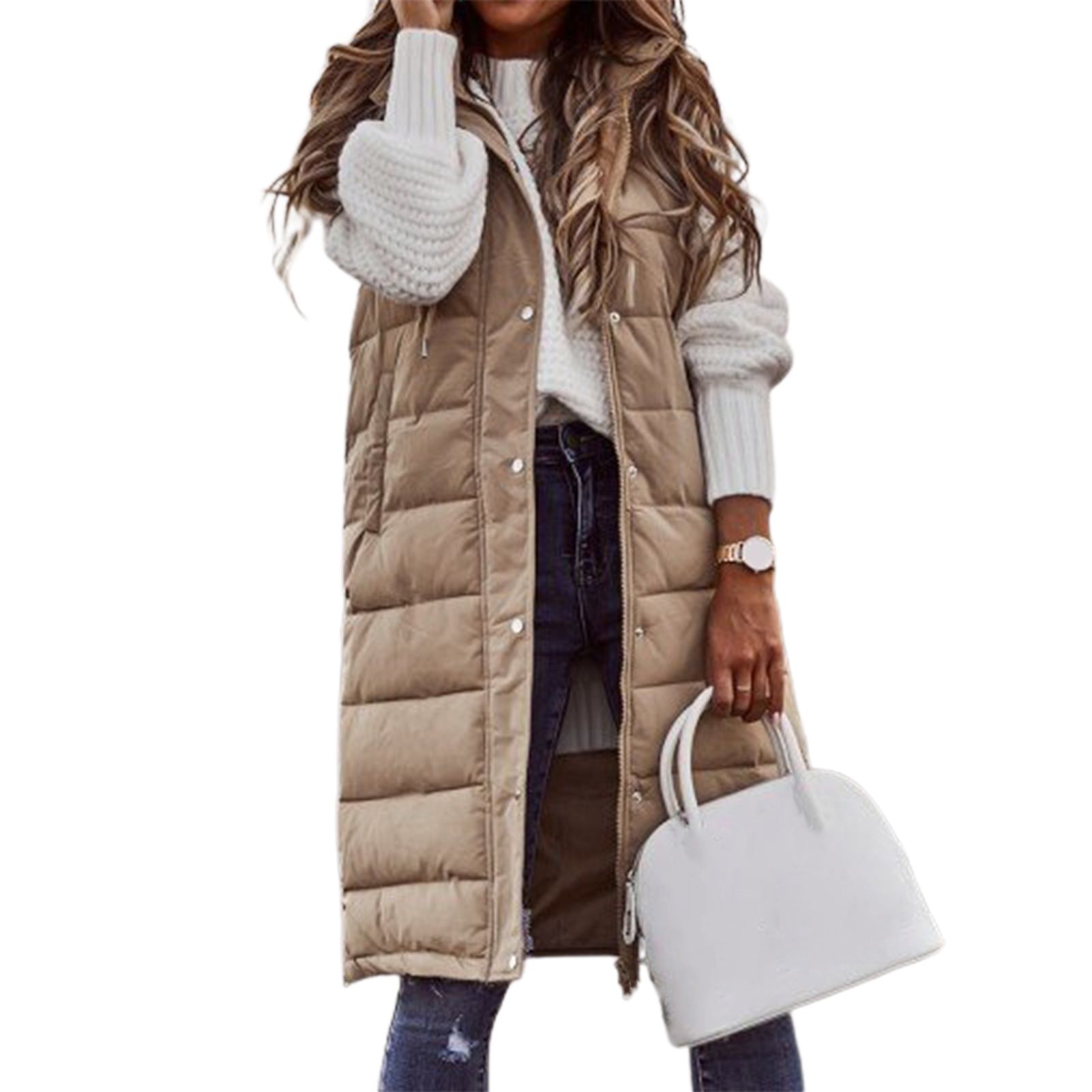 Women Long Vest All Match Single-breasted Pockets Drawstring Outwear Vest