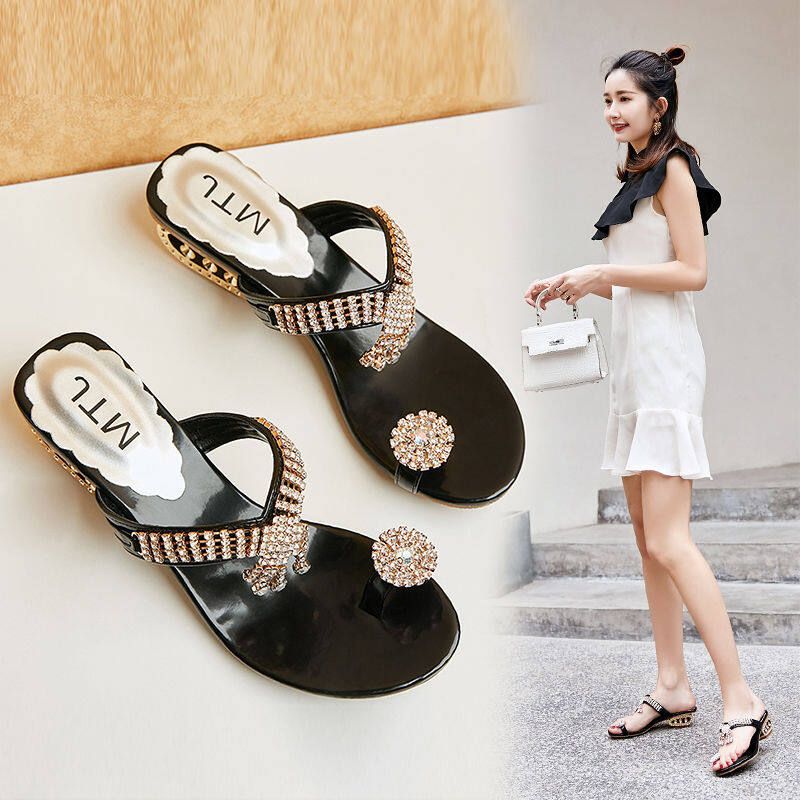Metal Rhinestone Thick Heel Flat Sandals and Slippers for Women