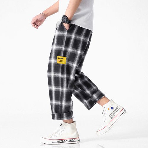Men's Joggers Plaid Pants Man Black Cotton Comfortable Pant Summer Casual Streetwear Loose Trouser Japanese Trendy Sweatpants