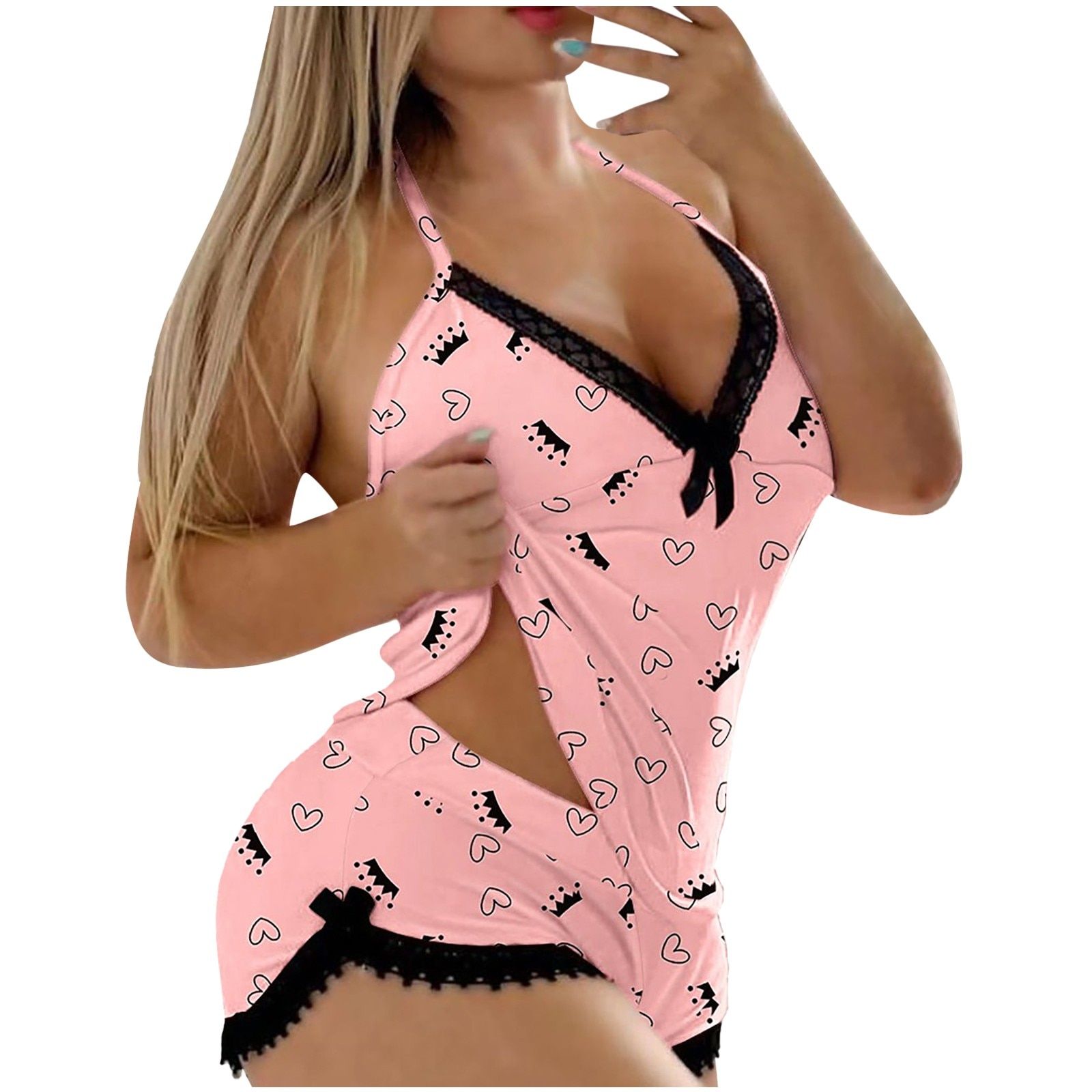 Women Leopard Printed Pajama Set y Lace Deep V Neck Lingerie Short Set Pijama Suit Sleepwear Lace Underwear Nighties Pyjamas