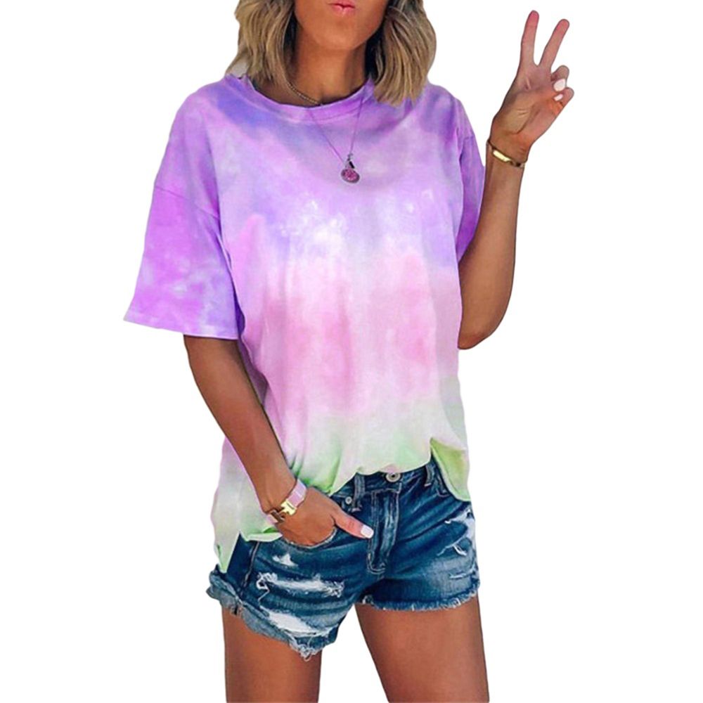 Women T-shirt O Neck Short Sleeve Gradient Color Tie Dye Blouse