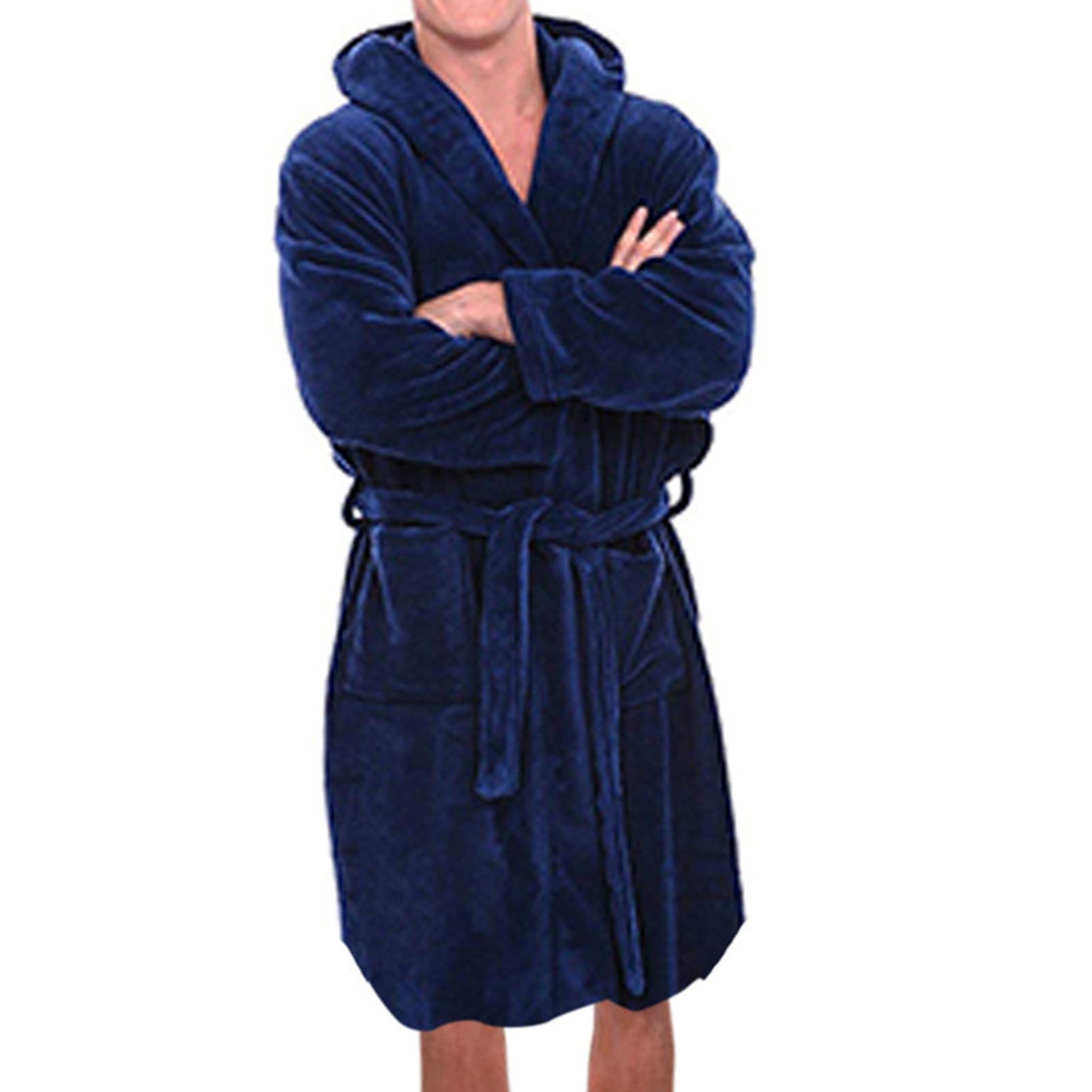 Plush Bathrobe Coldproof Hooded Pockets Men Plush Sleepwear