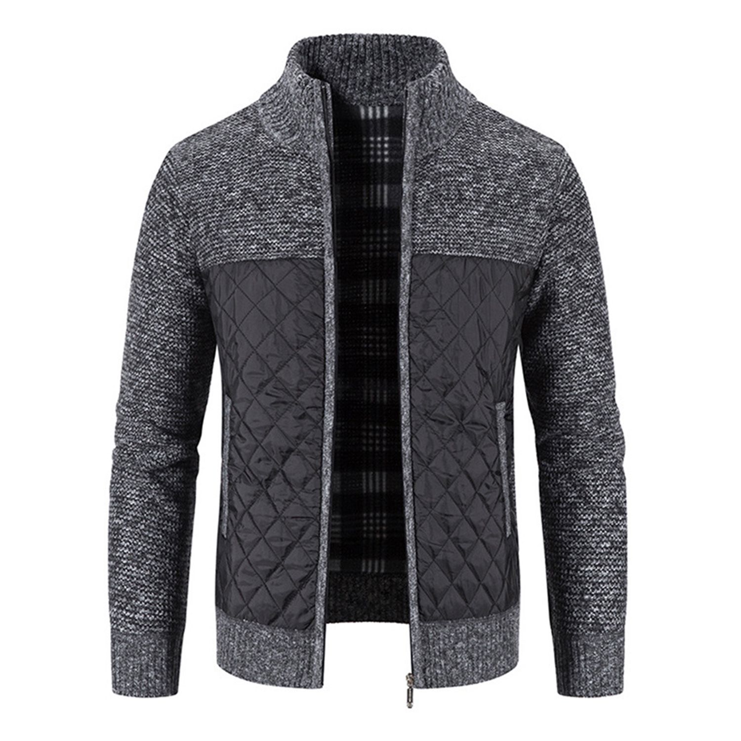 Knitted Jacket Plush Lining Patchwork Stand Collar Male Jacket