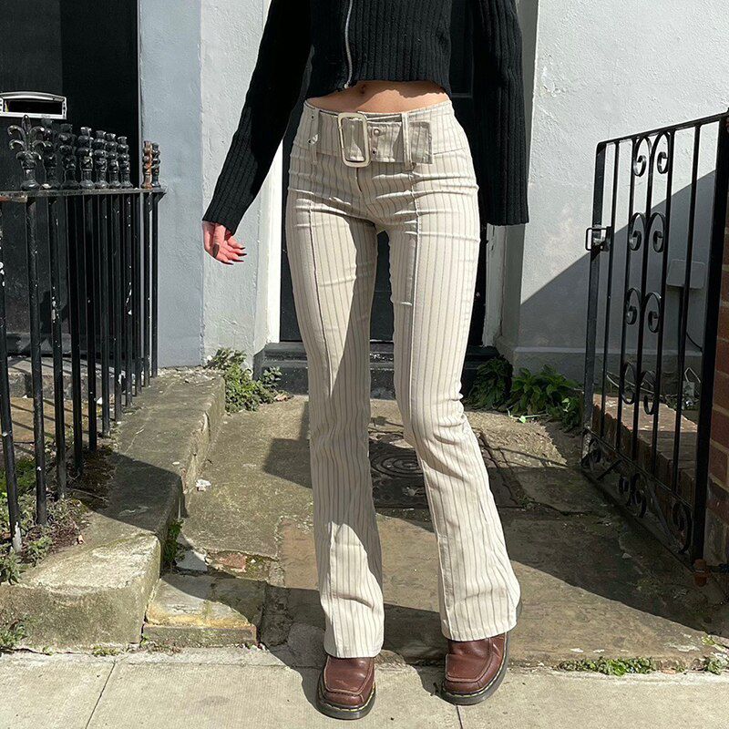 Striped Print Grunge Pants with Belt Low Waisted Retro Fairycore Straight Trousers Korean Aesthetic