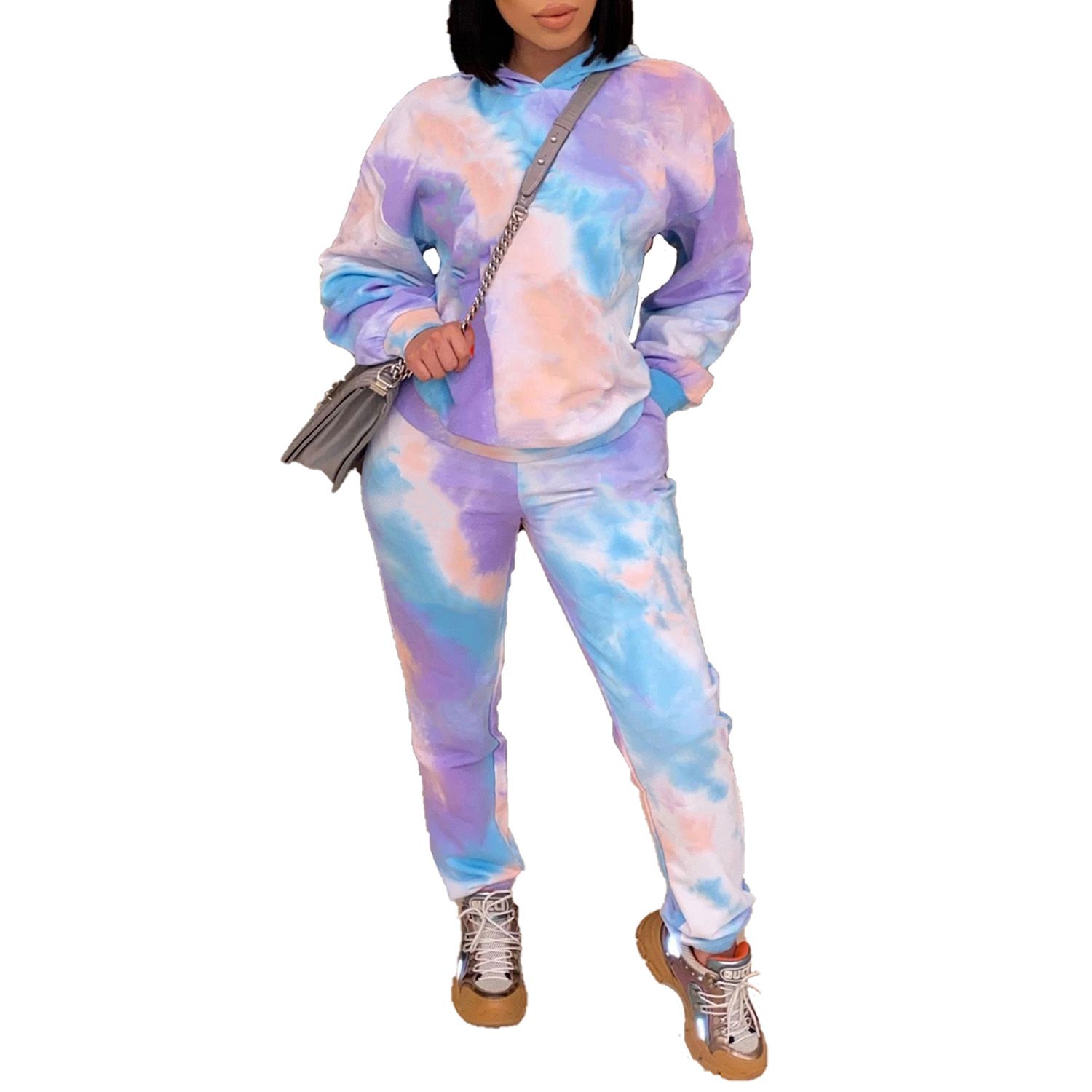 Women Casual 2-piece Outfit Set Long Sleeve Tie-dye Print Hoodie+Pants Set for Ladies