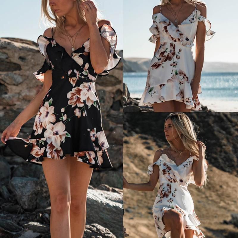 Women Boho Floral Dress Chiffon Summer Party Evening Beach Mini Dress Women Clothes Off Shoulder Sundress