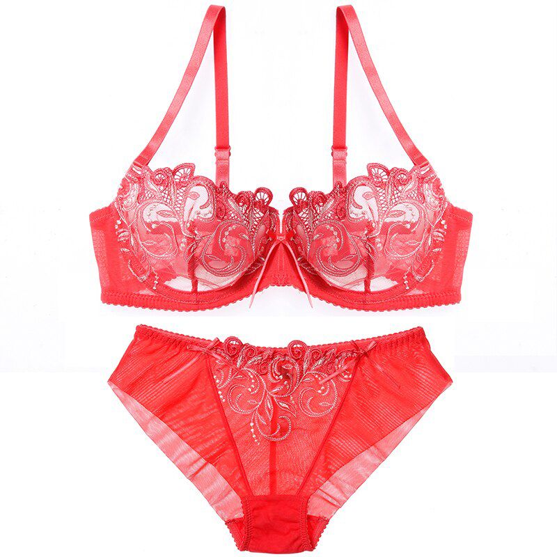 Women  Hot Erotic Transparent Lingerie Ultrathin Bra Brief Set Lace Embroidery Female Seamless Panties Underwear Brassiere