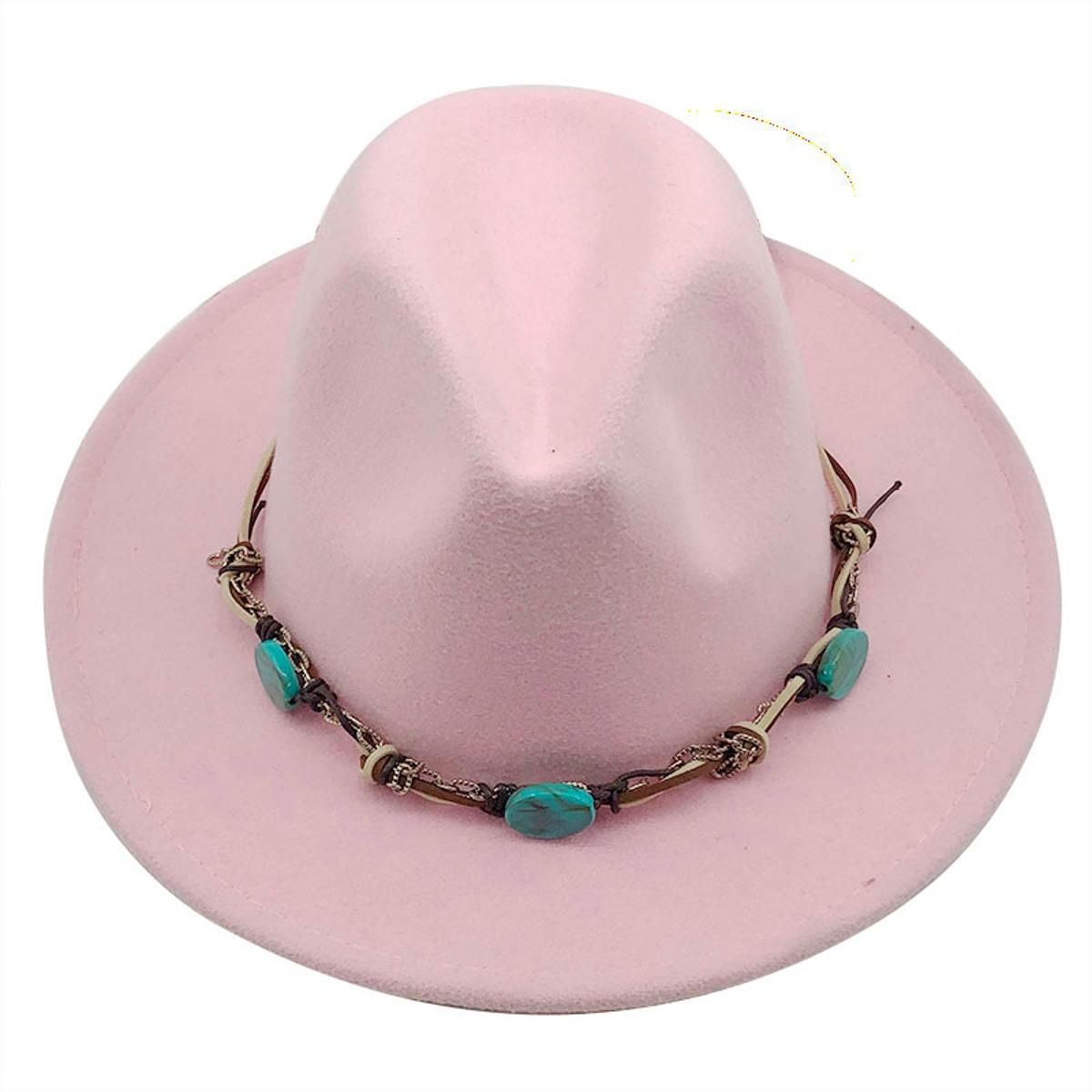 New Men Women Wide Brim Wool Felt Fedora Panama Hat with Belt Buckle Jazz Trilby Cap Party Formal Top Hat In Pink,black X XL