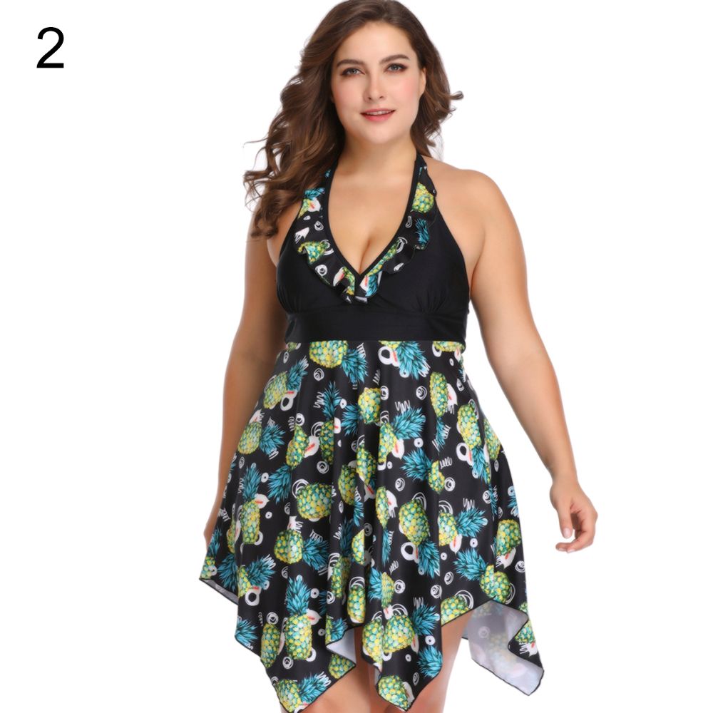 Plus Size Beach Flower Print Halter Women Swimdress Briefs Two-Piece Tankini Set