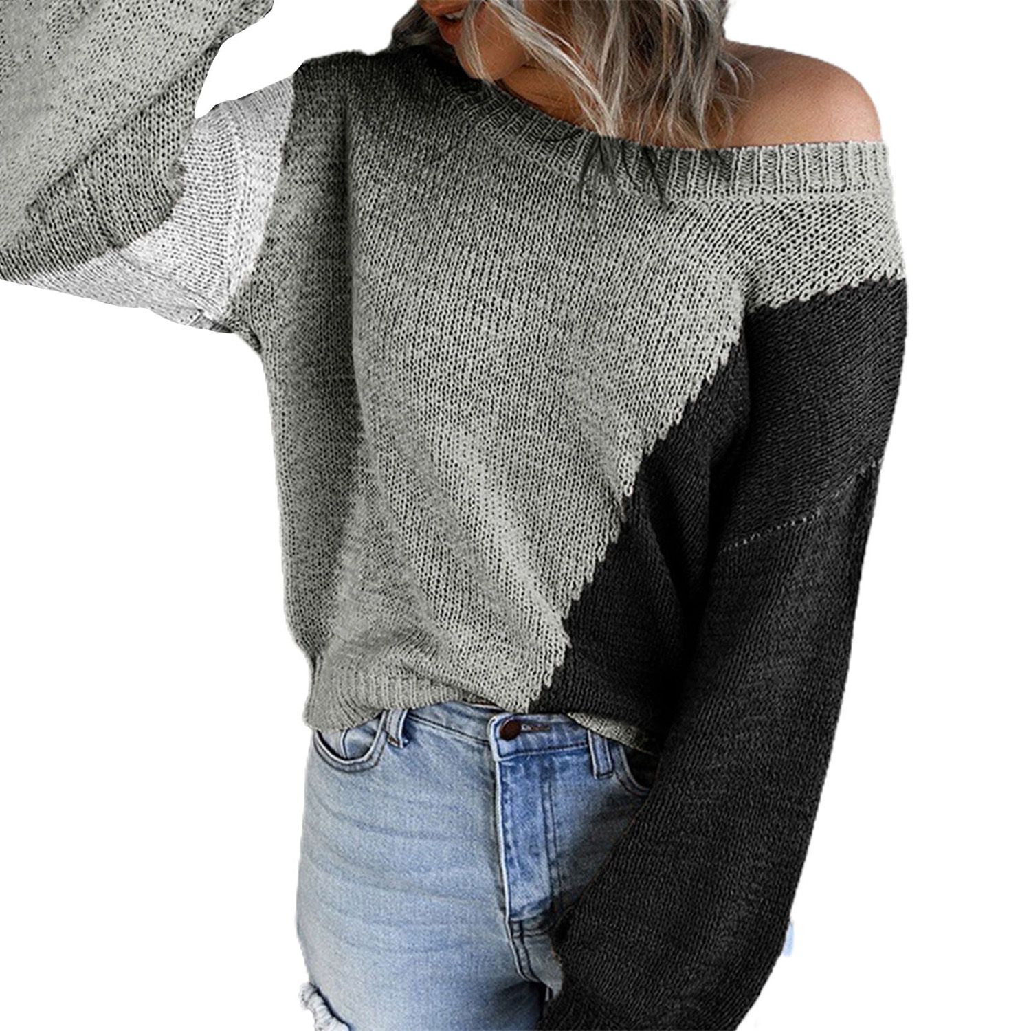 Women Sweater Contrast Colors Irregular Color-matching Fall Sweater