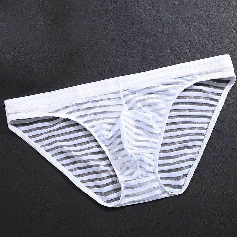 Men's Sexy See-through Ice Silk Briefs Mesh Sheer Pouch Stretchy Seamless Panties Transparent Stripes Thin Thongs