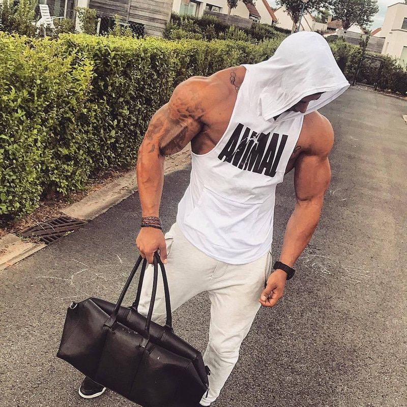 Men Bodybuilding Hoody shirt Cotton Tatop Gym Fitness Tanktops  Print Vest Male Workout Srtswear Stringers