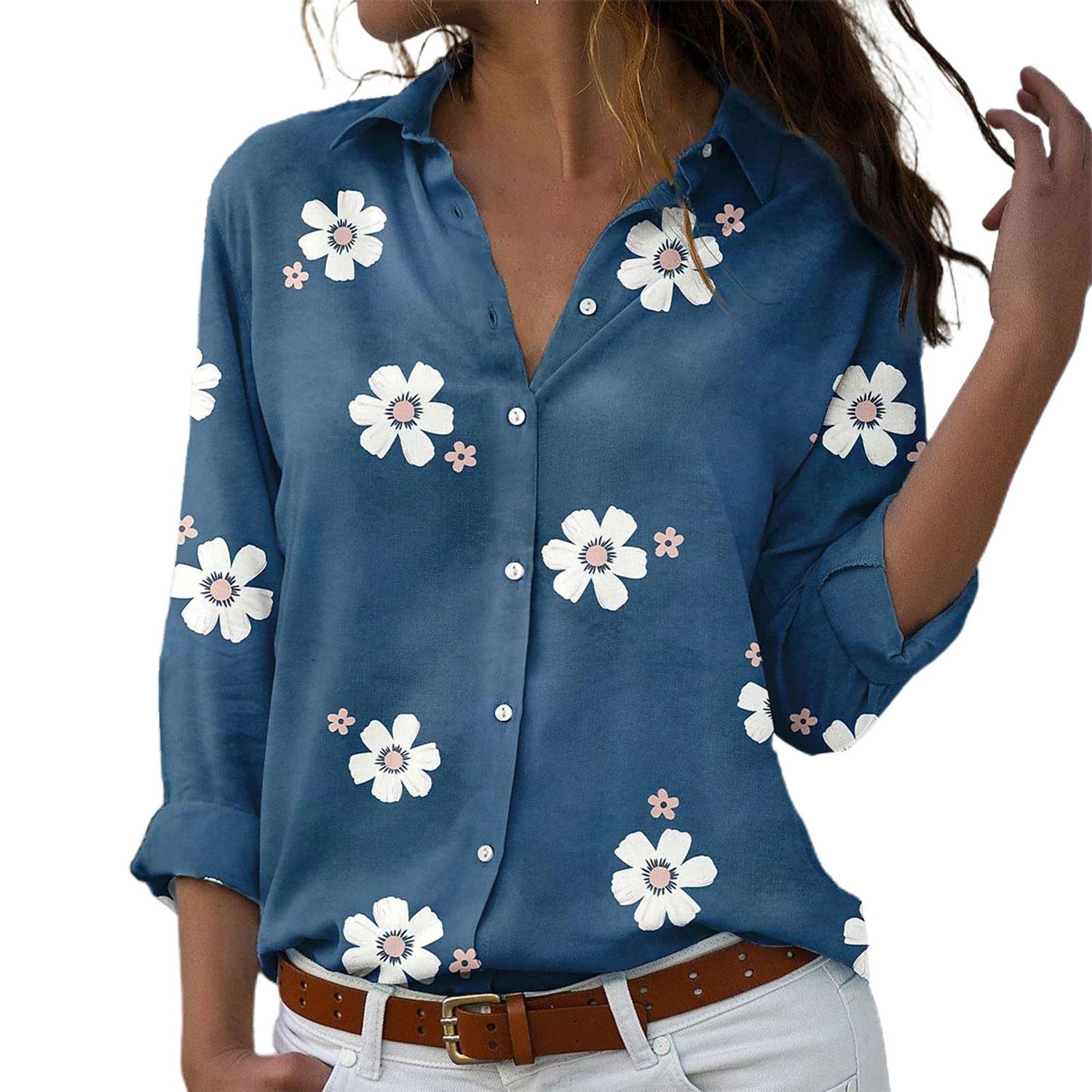 Blouse Shirt Turn-Down Collar Single ed Sweet Casual Shirt
