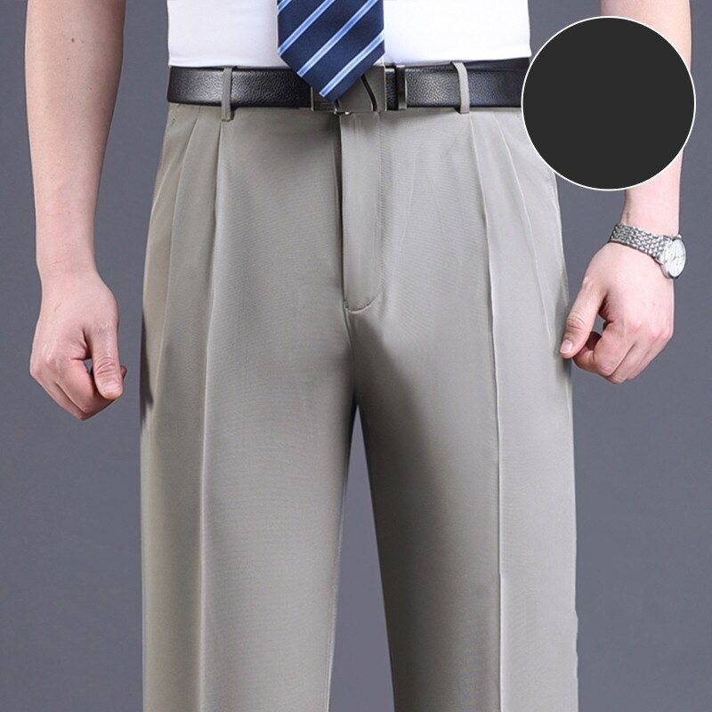 Double Pleated Suit Pants Black Brown Business Khaki Trousers For Men Loose Straight Class Men Pant Thin Summer 2022