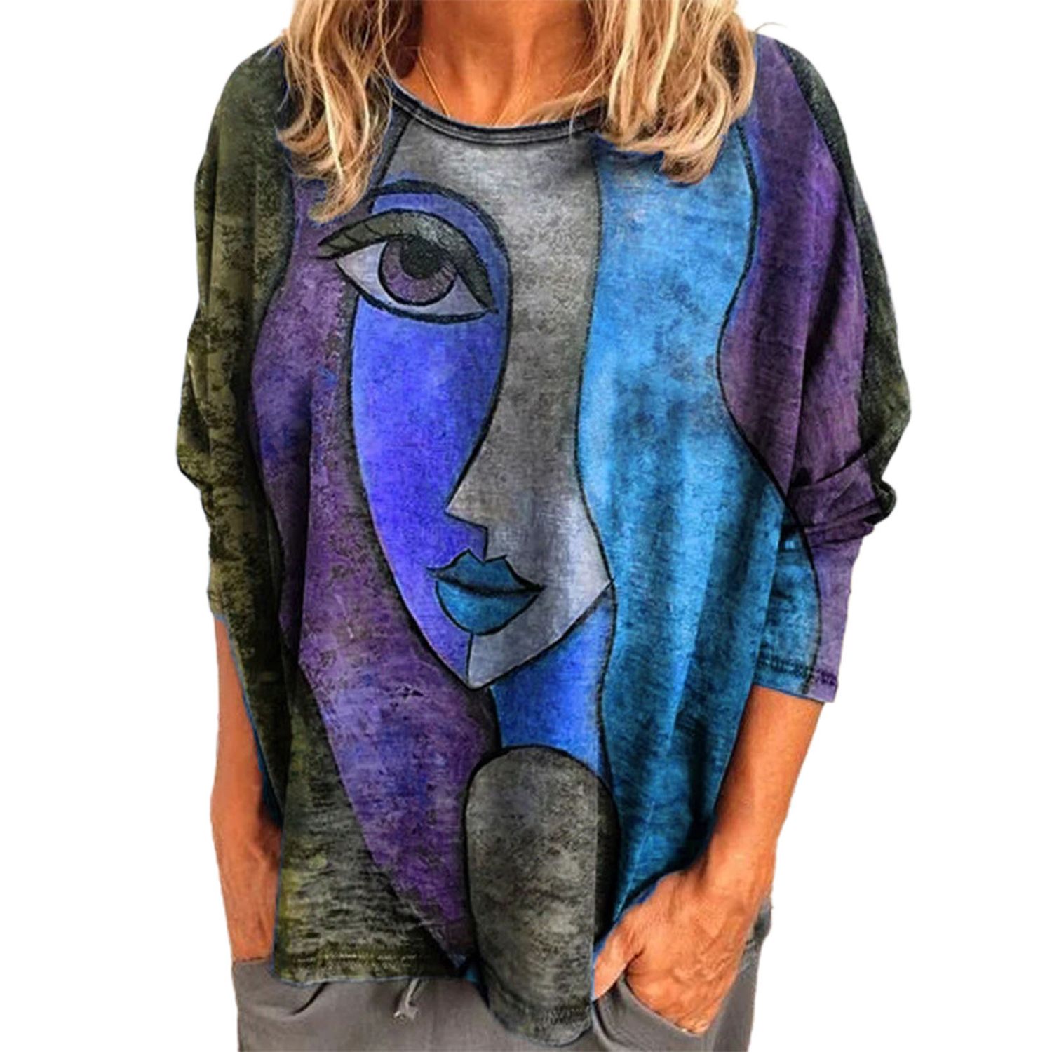Women Blouse Round Neck Abstract Face Print Long Sleeve Blouse