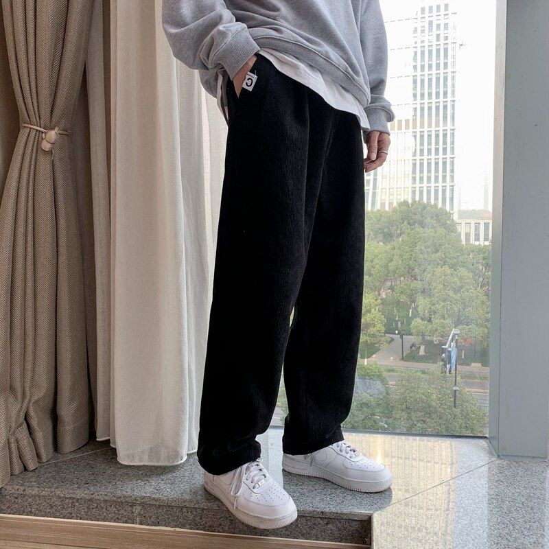 Casual Pants Men Corduroy Chic Ins New Fashion Korean Straight High Waist Streetwear All-match Student Loose Harajuku Black Soft