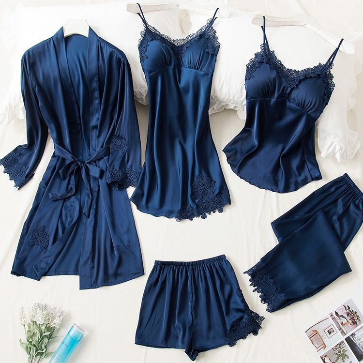5PCS Robe Sleep Suit Pajamas Set Sexy Lace Red Pajamas Women Silk Pyjamas Dressing Gown Summer Robe Sleepwear ChPads