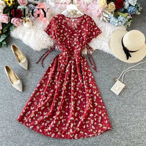 IELGY summer new Korean V-neck chiffon dress short-sleeved small fresh floral waist slim Slim A-line long skirt