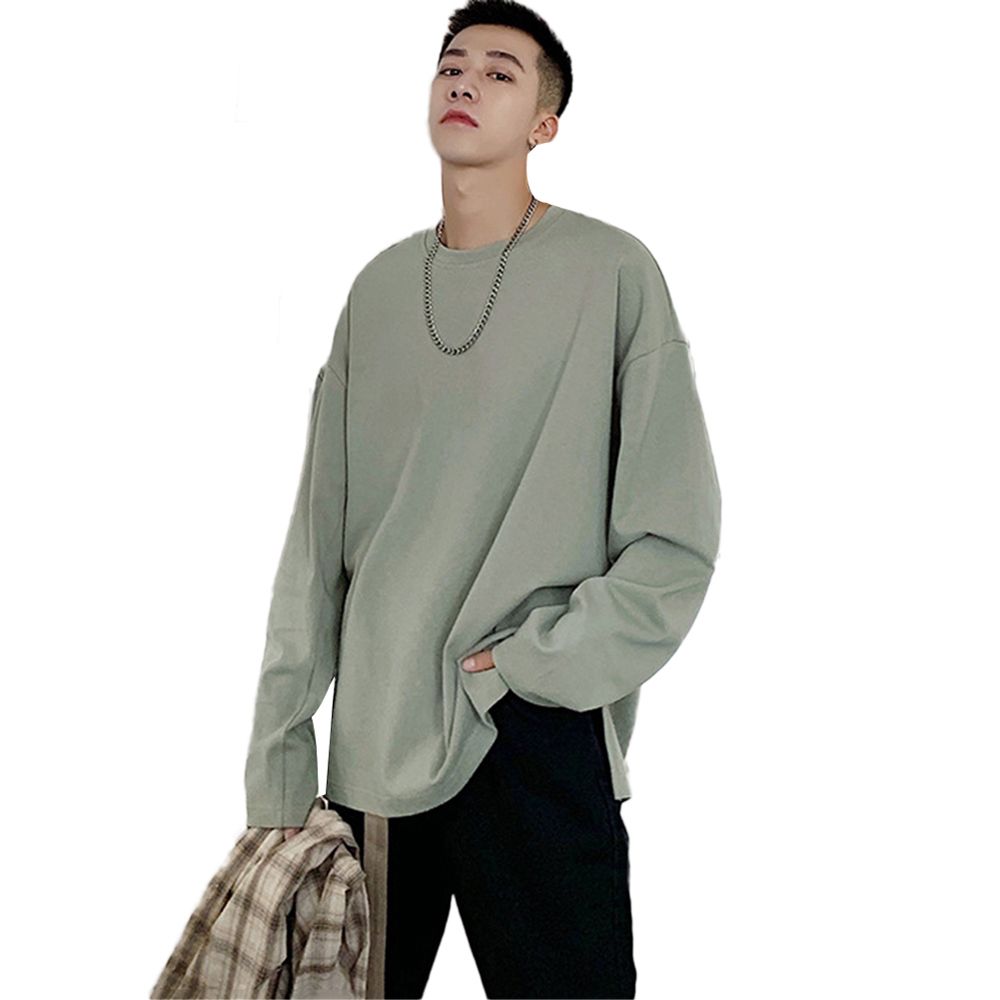 Men Casual T-shirt Solid Color O Neck Long Sleeve Side Slitting Loose Cotton Top