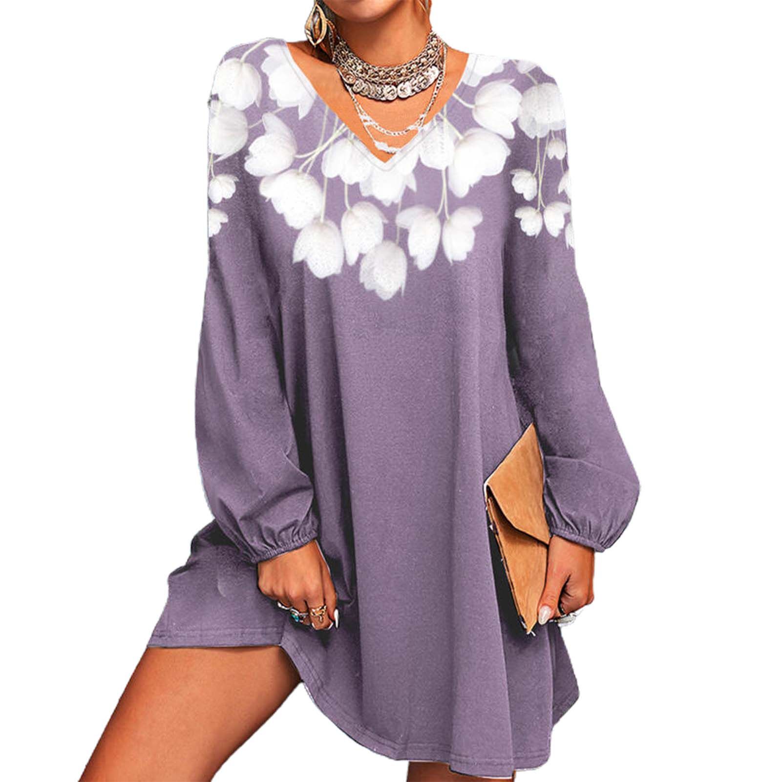 Mini Dress Long Sleeve V-Neck White Flower Print Lady Dress