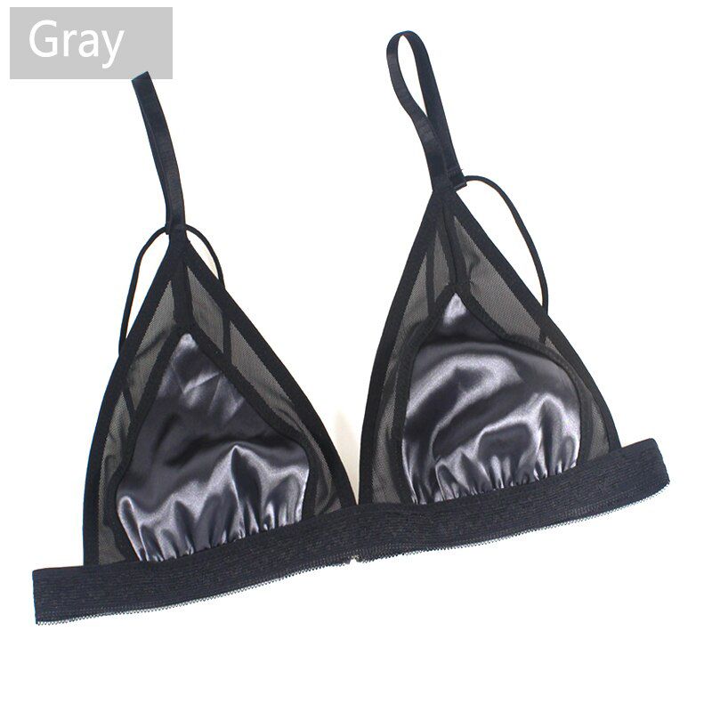 Women  Lingerie Satin Smooth Bra Top Ultra-thin Light Weight Wireless Bralette Ladies Silk Mesh Patchwork Fabric Underwear