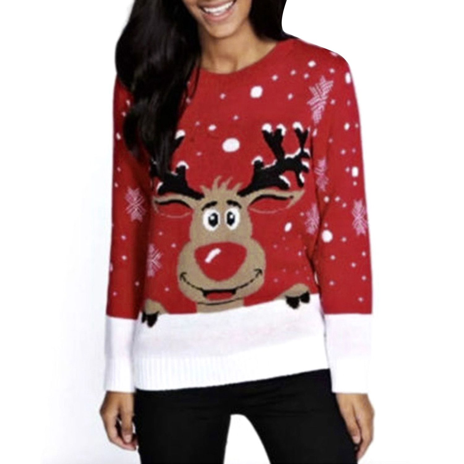 Christmas Reindeer Sweater Women O-Neck Long Sleeve Tops Christmas Ugly Autumn Winter Pullover Sweaters Red L