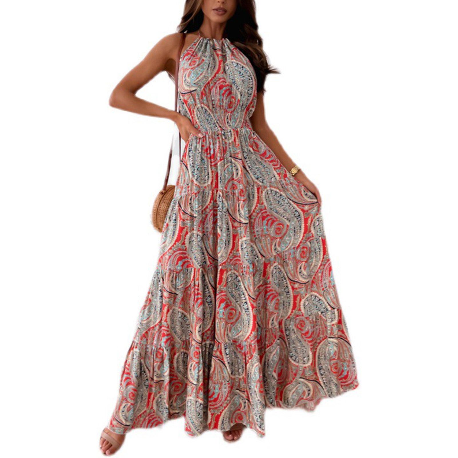 Ethnic Print Wide Hem Dress Vintage Women Halter Backless Dress for Daily Wear