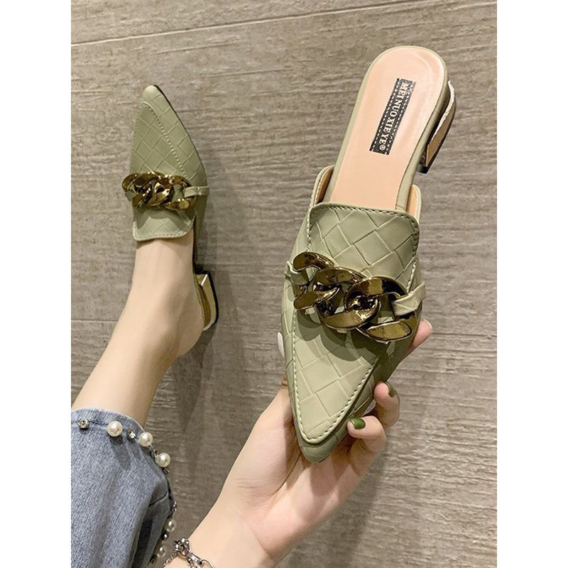 Women Closed Toe Pointy Slip on Thick Heel Half Slippers Metal Chain Strap Heeled Mules