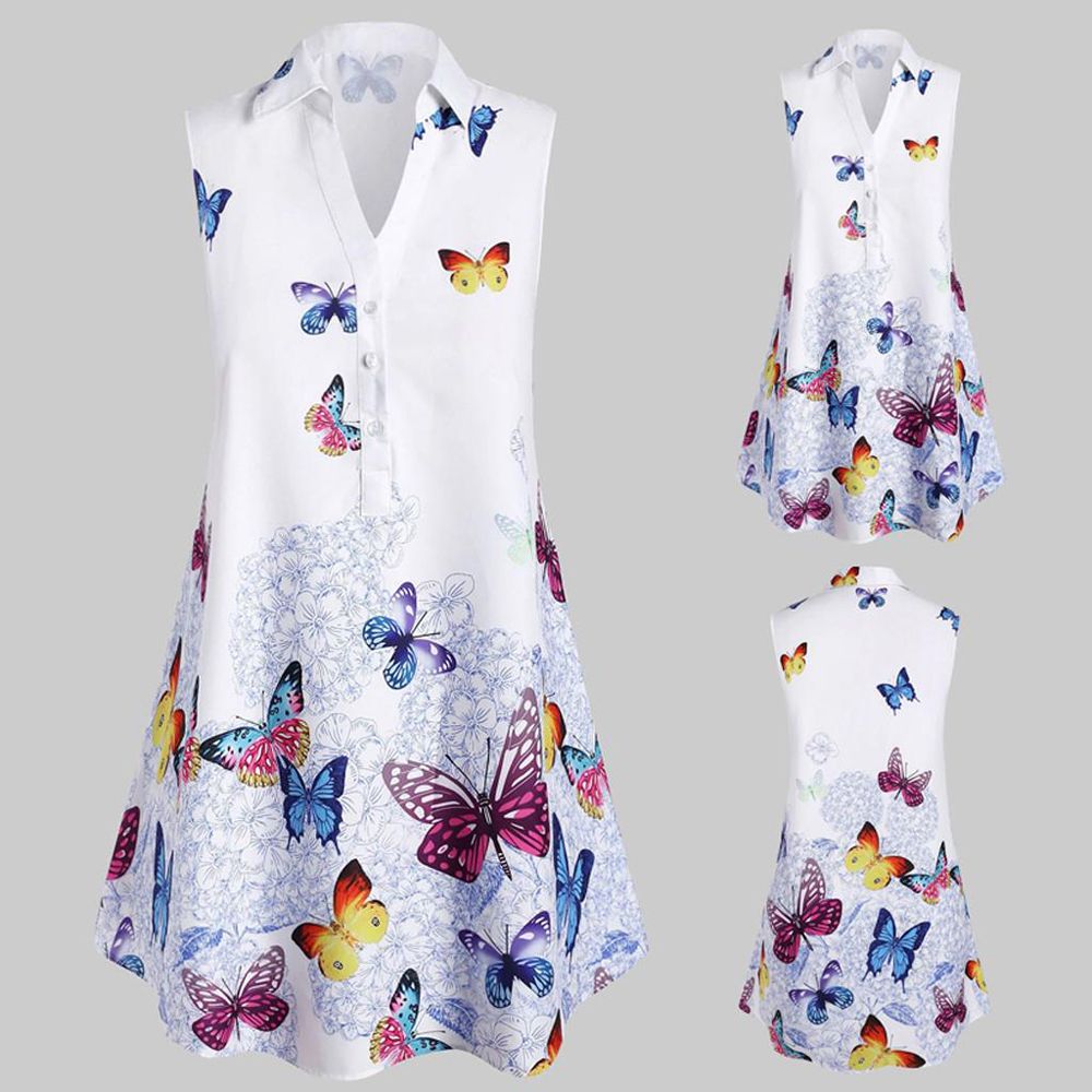 Women Casual Plus Size Sleevss Butterfly Print Top Blouse Shirt