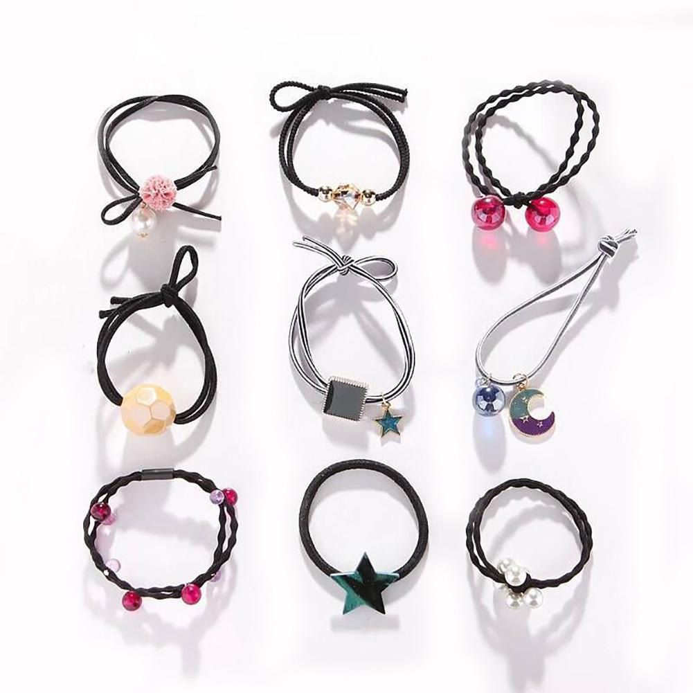 【BestGO】9Pcs/Set Sweet Women Moon Star Faux Pearl Elastic Hair Ring Rope Ponytail Holder