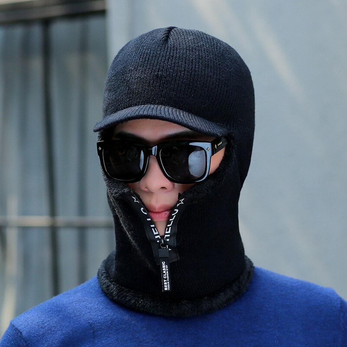 Hot Men Winter Knitted Hat Zipper Add Fur Lined Warm Brim Winter Hats For Keep Face Ear Warm Balaclava Cap