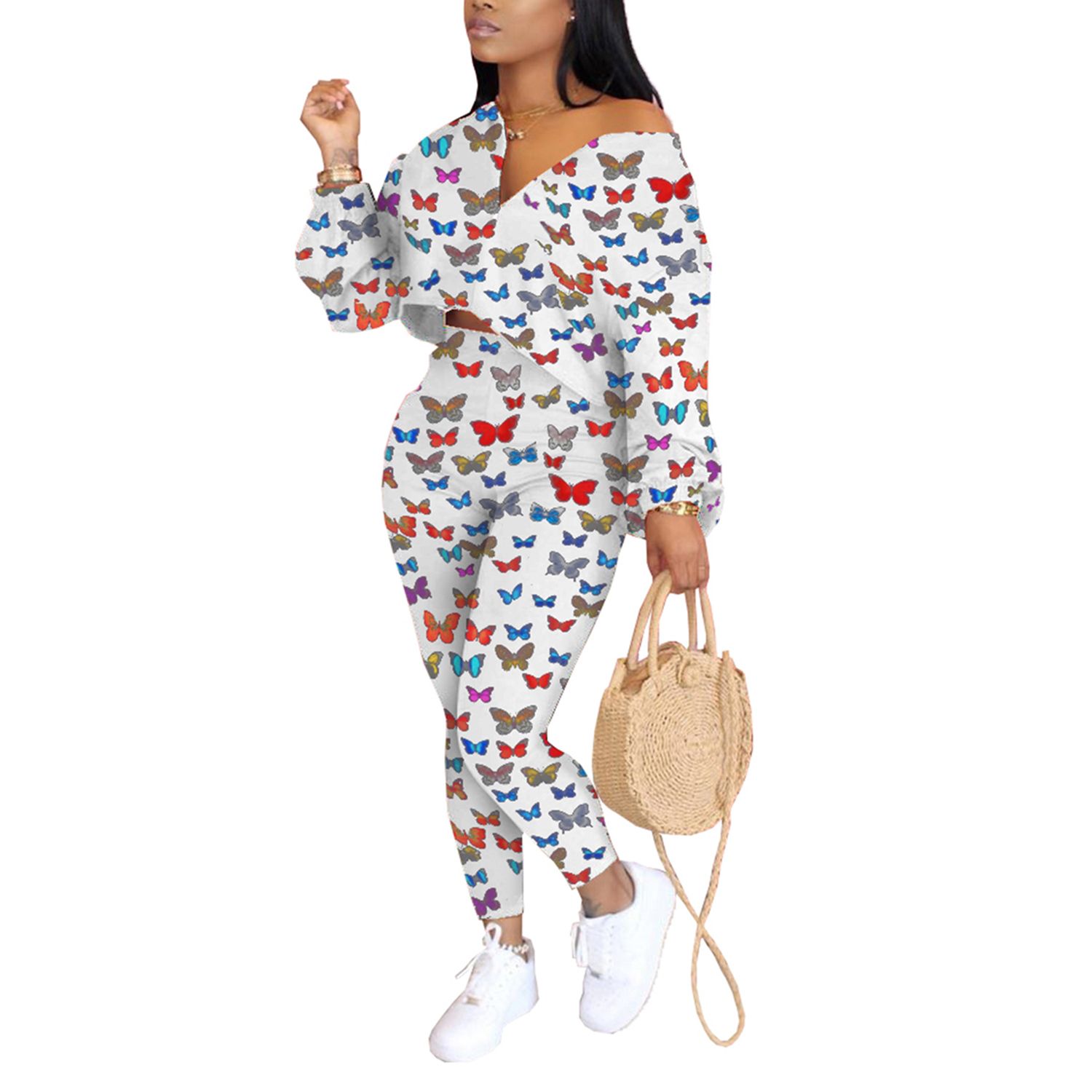 Women 2-piece Outfit Set Long Sleeve Butterfly Print Top+ Pants Set for Sports Daily Wear