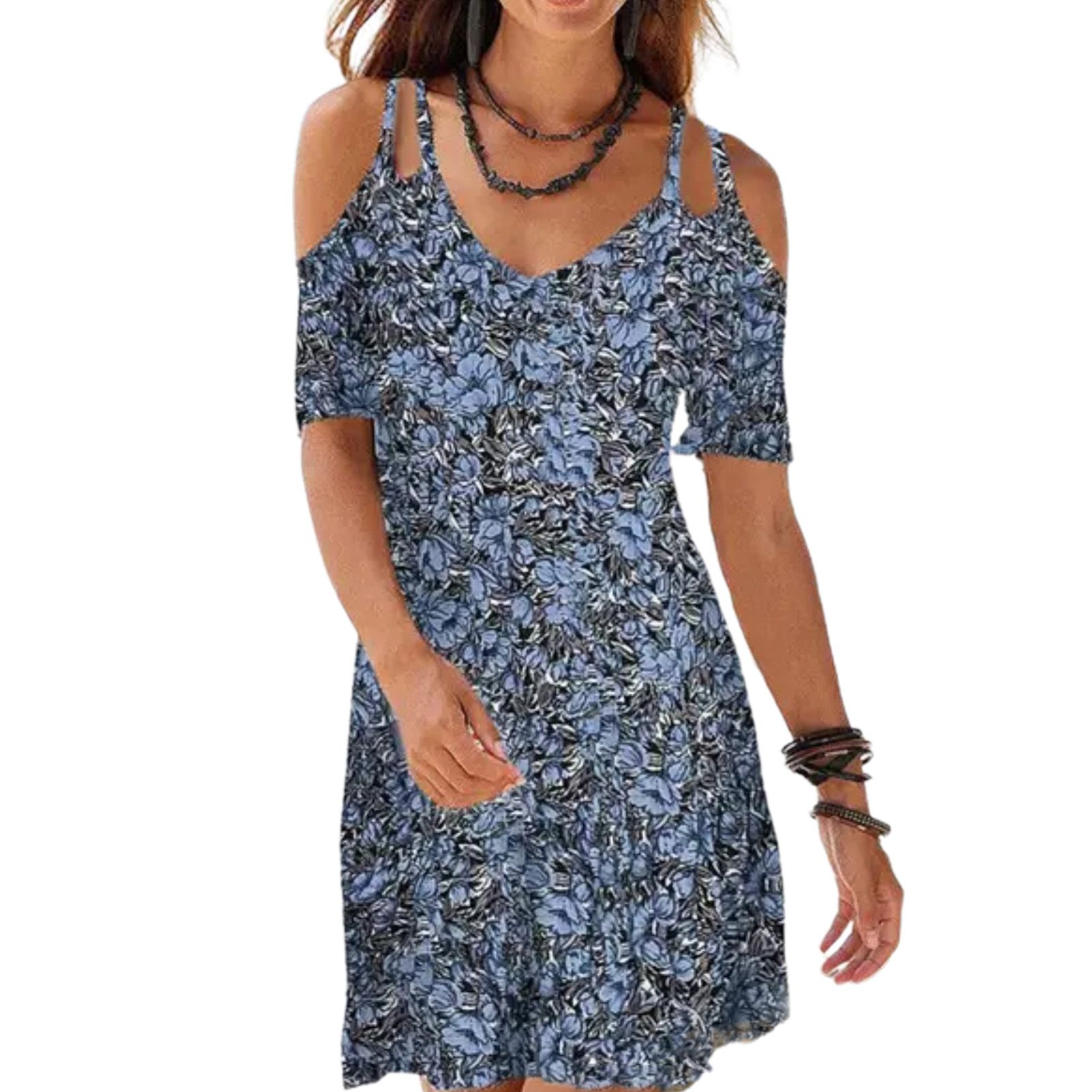 Women Dress Floral Print Hollow Out Sleeve Bohemian V Neck Spaghetti Strips Dress for Beach