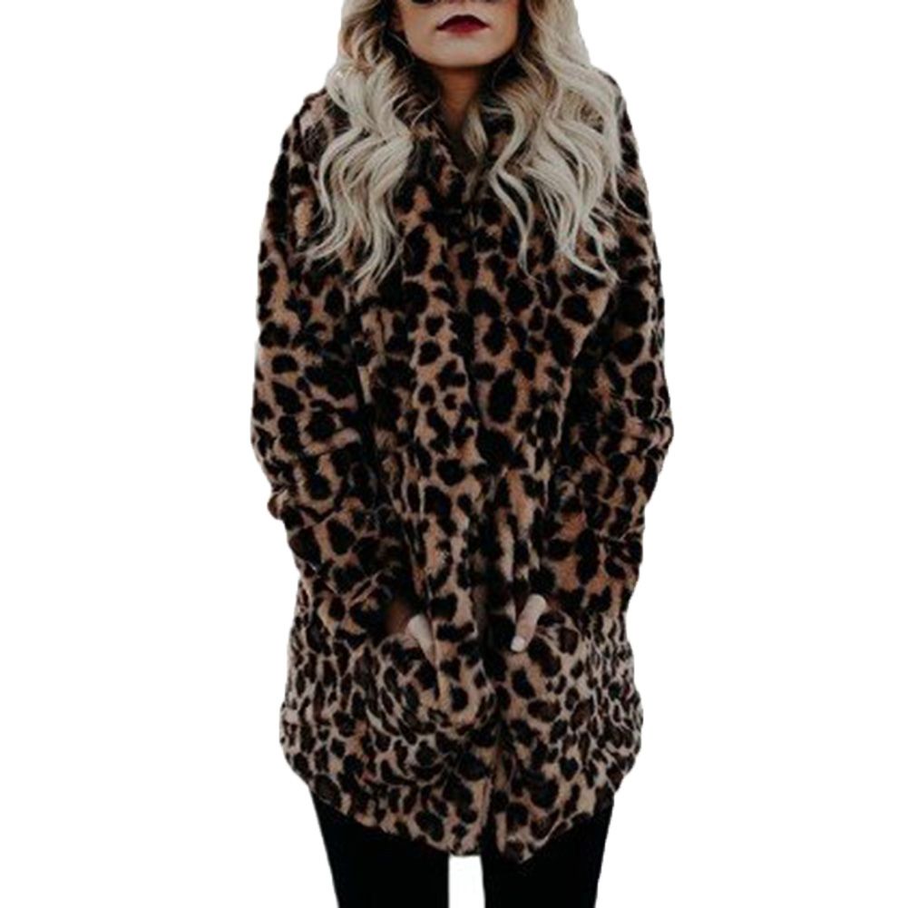 Luxury Women Long Sleeve Lapel Collar Leopard Print Woolen Thick Warm Midi Coat