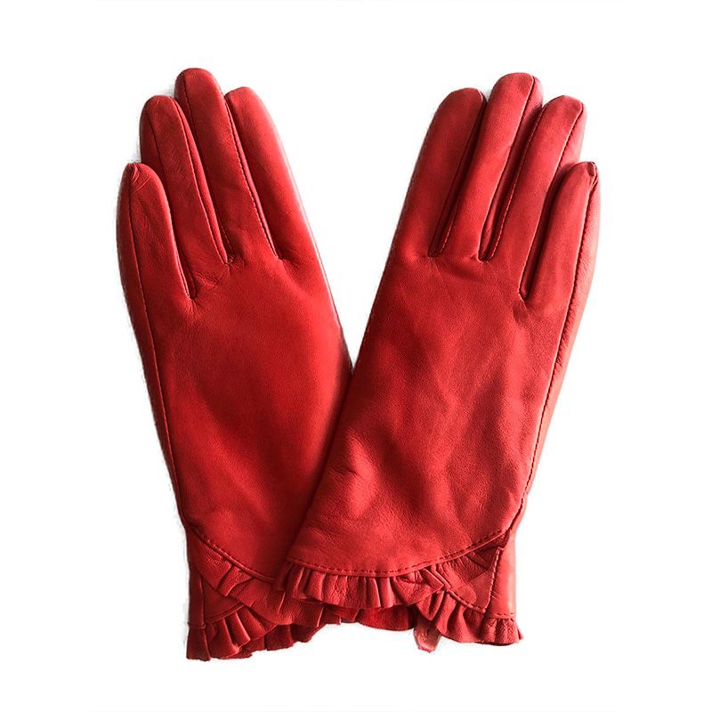 Women  Sheepskin Leather Gloves Autumn Winter Warm Full Finger Black Ruffle Mittens High Quality S2146