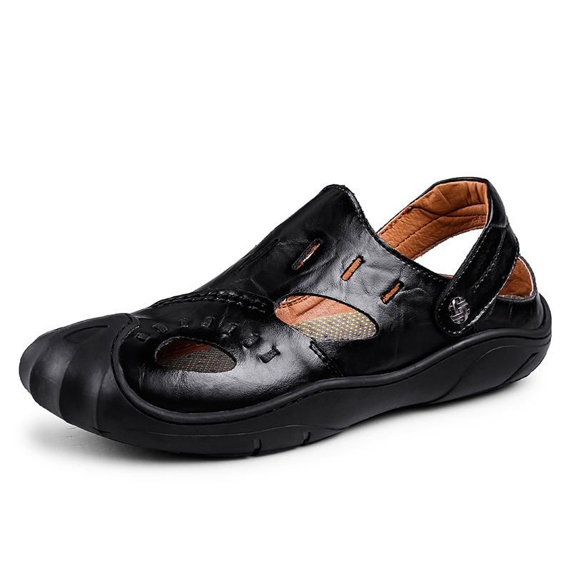 Summer Outdoor Leisure Fashion Men's Sandals Leather Breathable Beach Shoes - Black - Black 46