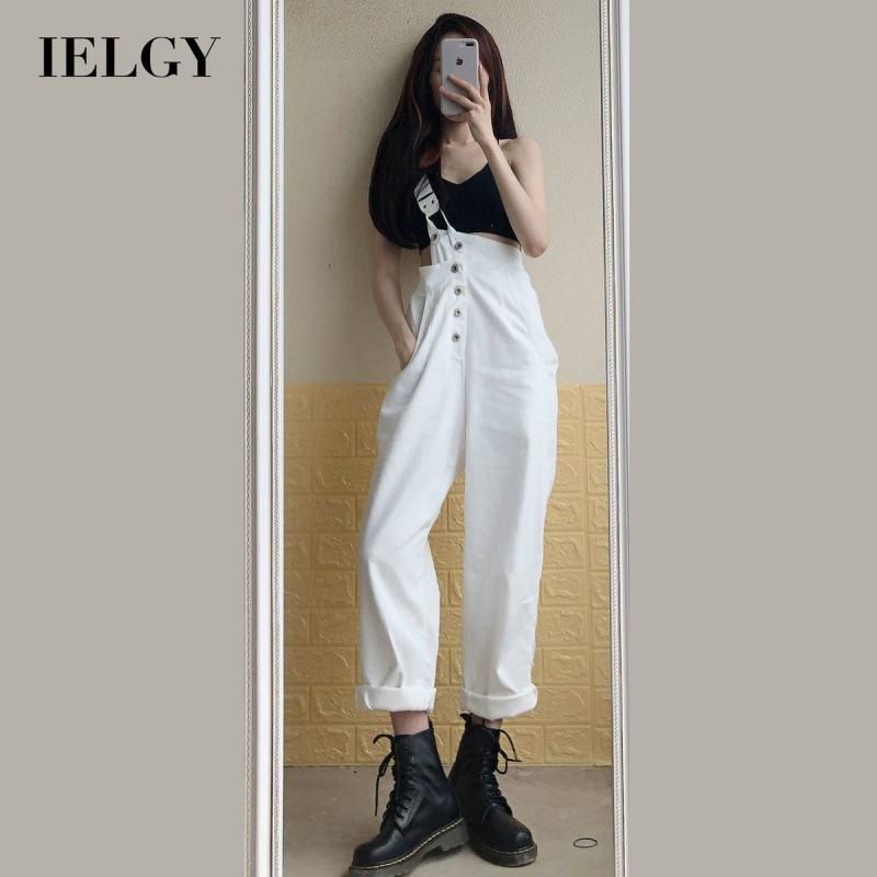 IELGY small denim overalls buttons woman street fashion trend one-shoulder Korean version white loose