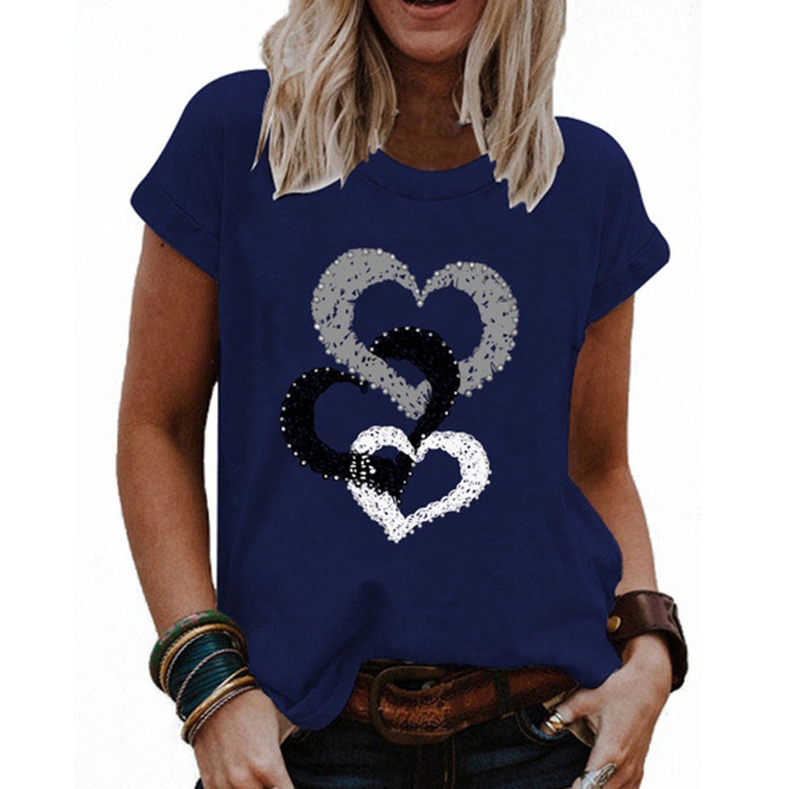 Casual T-shirt Stretchy Casual Funny Heart Print Pullover Top