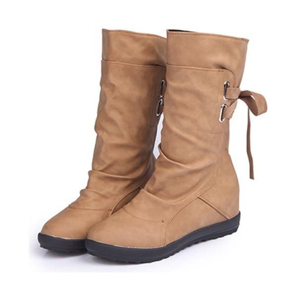 【ALLGOOD】Women Mid-Calf Boots Fashion Elegant Solid Color Flat Boots Female Autumn Winter Warm Fur Inside Ladies Shoes Plus Size 34-43