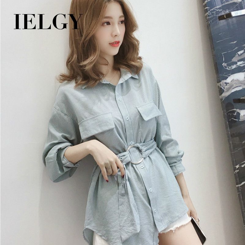 IELGY Lapel Collar Waist Stripe Long Sleeve Shirt Women's Blouse Small Fresh Harajuku Shirt Tide