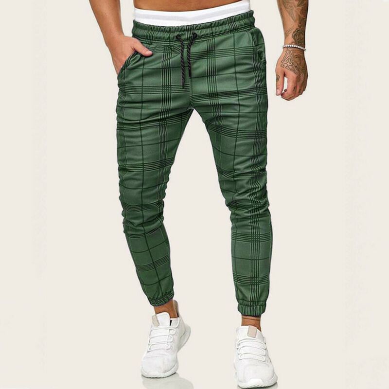 Men Casual Plaid Long Sport Pants Slim Fit Trousers Running Joggers Gym Sweatpants Male Boy Cool Outwear Bottoms