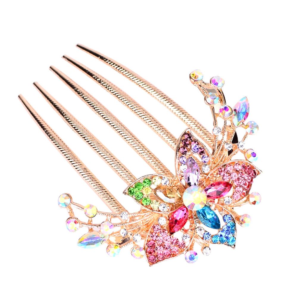 Elegant Women Rhinestone Inlaid Flower Hair Comb Hairpin Headwear Accessory